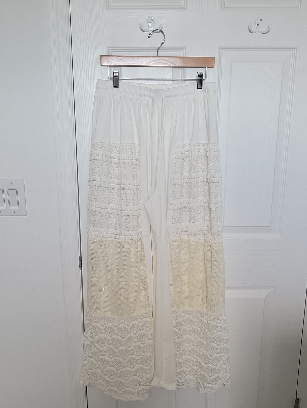 Boho Cottagecore Lace Crochet Wide Leg Pants Ruffle Patchwork XL